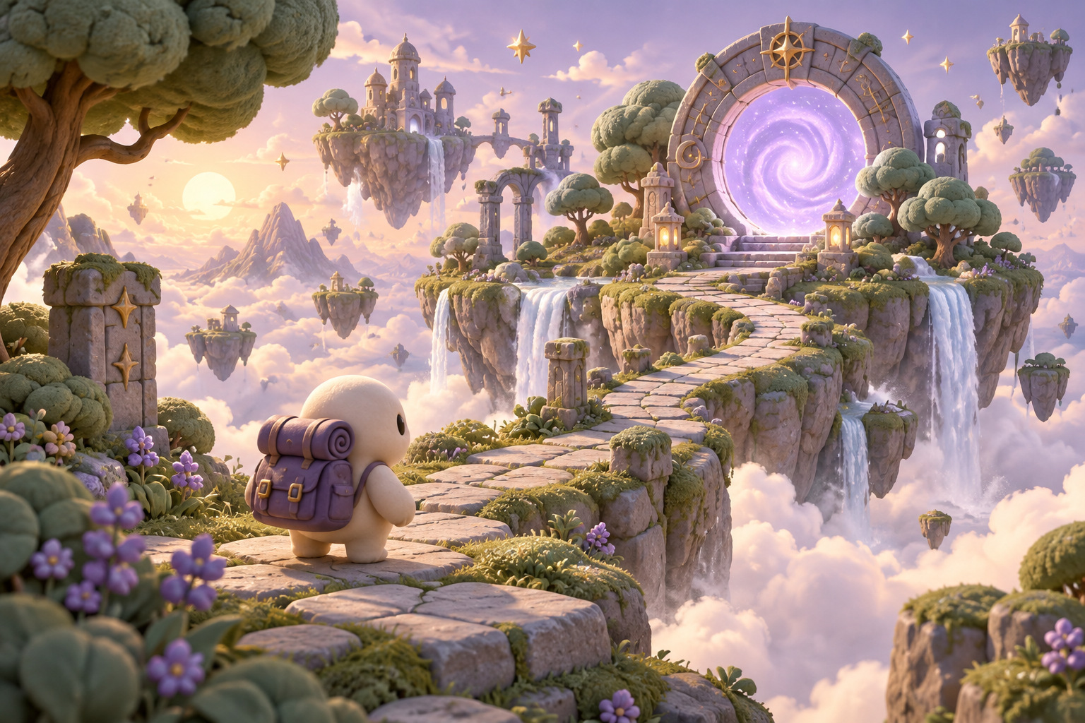 A small explorer follows a floating island path toward a glowing purple portal