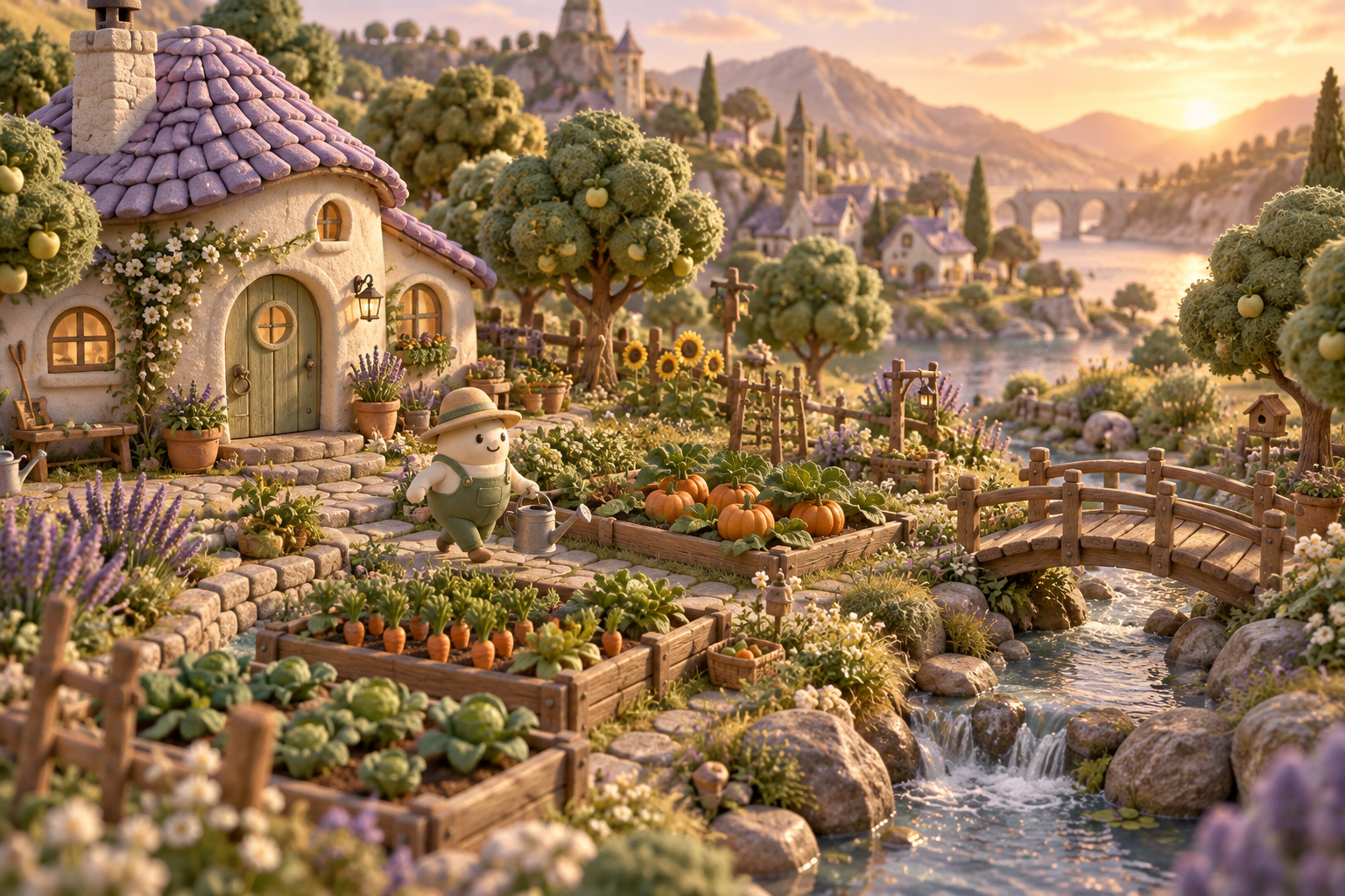 A friendly gardener tends vegetables beside a lavender-roofed cottage and stream