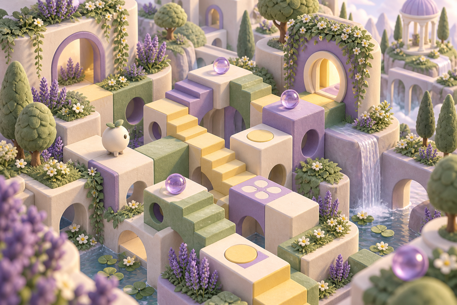 Pastel puzzle stairways and glass marbles in a miniature garden